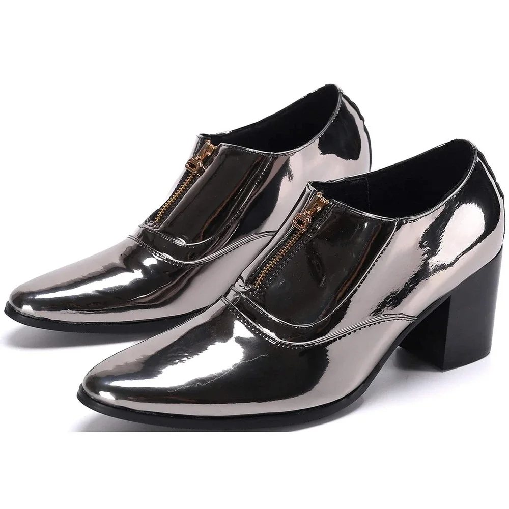 Santimon Men's US 9 Silver Bright Slip-on Opera Pumps Leather w/ SMALL SCUFF Hig